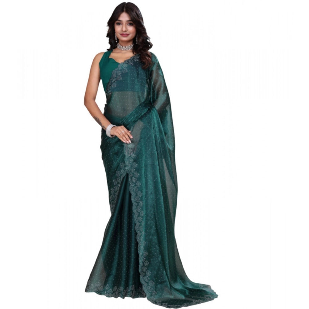 Amfyn Women's Jimmy choo Embellished Bollywood Saree With Unstitched Blouse 5.5Mtr (Green)