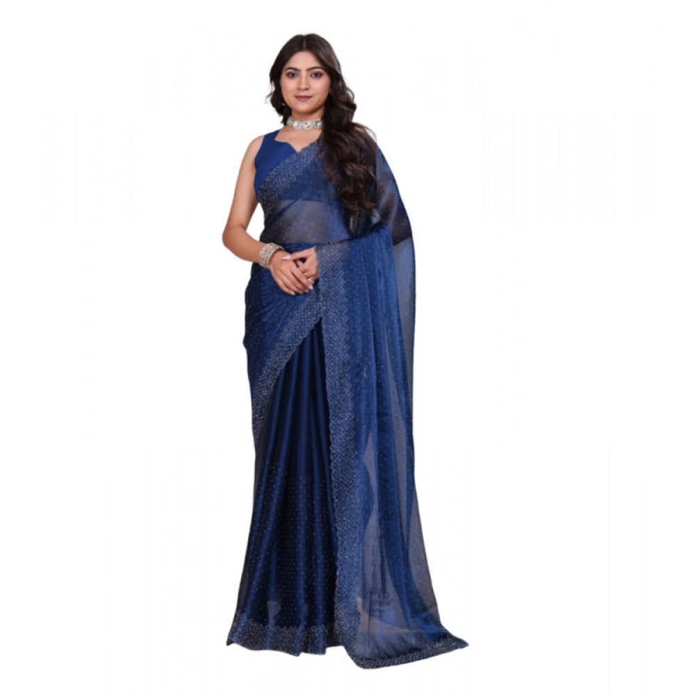 Amfyn Women's Jimmy choo Embellished Bollywood Saree With Unstitched Blouse 5.5Mtr (Blue)