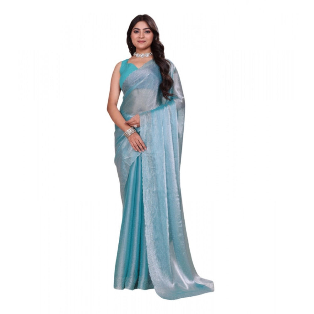 Amfyn Women's Jimmy choo Embellished Bollywood Saree With Unstitched Blouse 5.5Mtr (Light Blue)