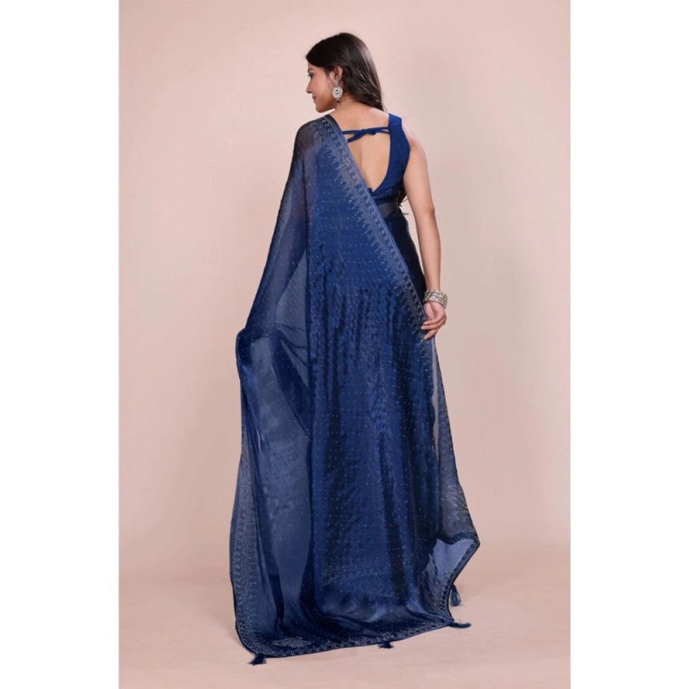 Amfyn Women's Jimmy choo Embellished Bollywood Saree With Unstitched Blouse 5.5Mtr (Blue)
