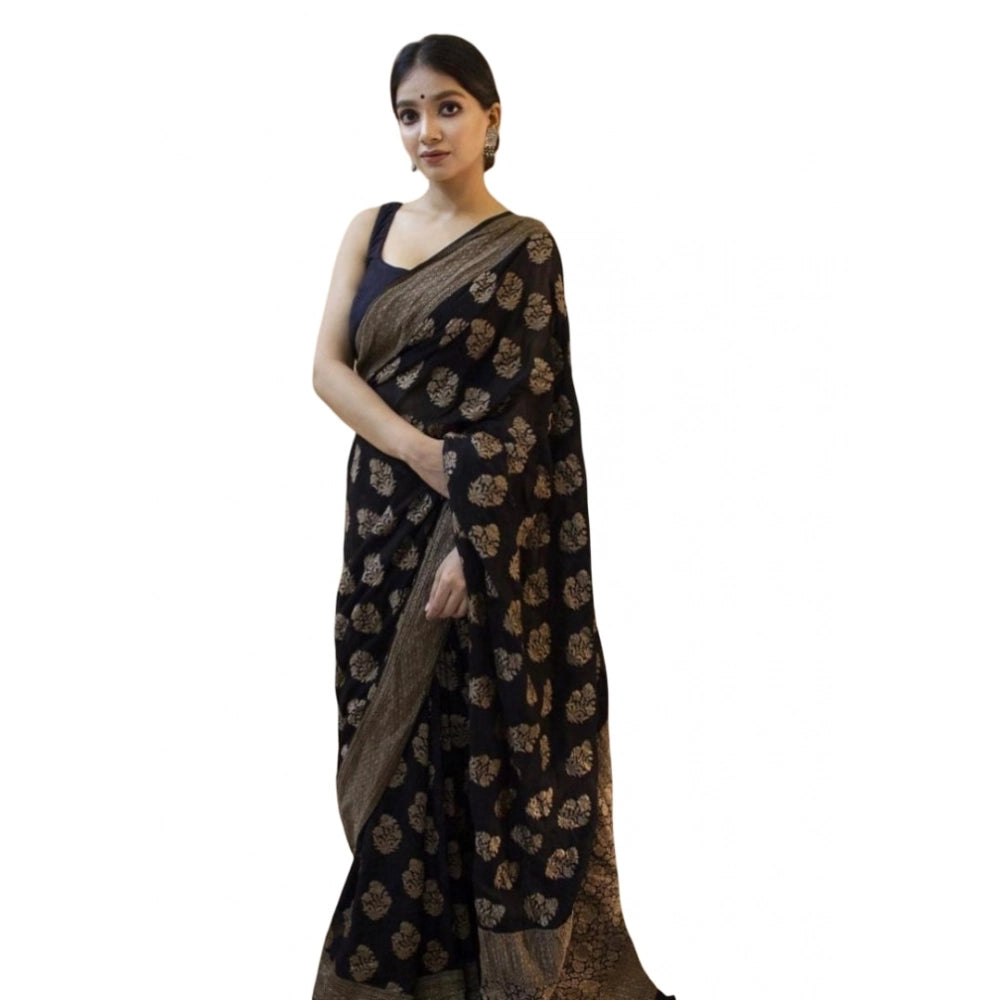 Amfyn Women's Soft Litchi Silk Jacquard Work Saree With Unstitched Blouse 5.5Mtr (Black)