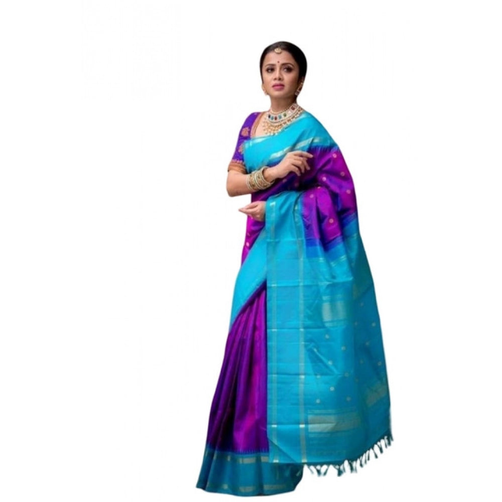 Amfyn Women's Soft Litchi Silk Jacquard Work Saree With Unstitched Blouse 5.5Mtr (Purple)