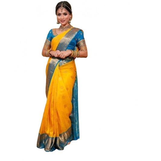 Amfyn Women's Soft Litchi Silk Jacquard Work Saree With Unstitched Blouse 5.5Mtr (Yellow)