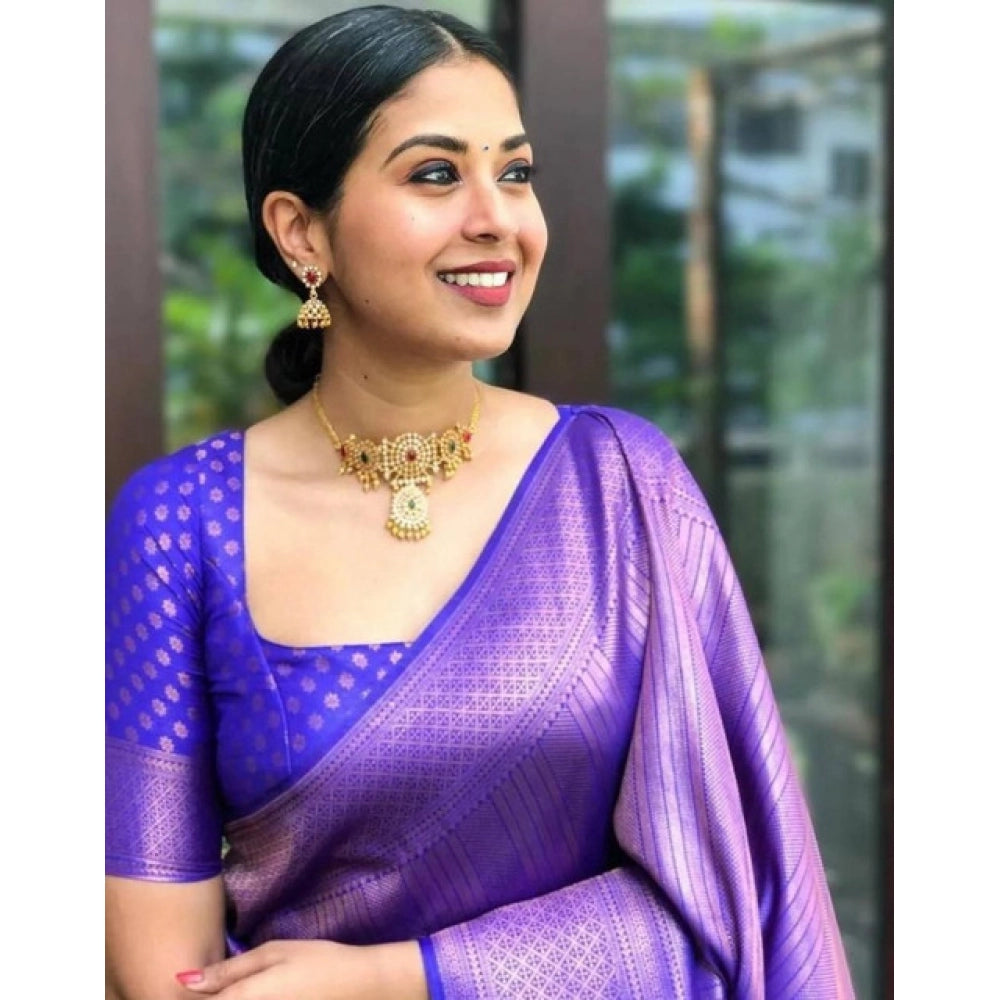 Amfyn Women's Litchi silk Printed Saree With Unstitched Blouse (Purple)