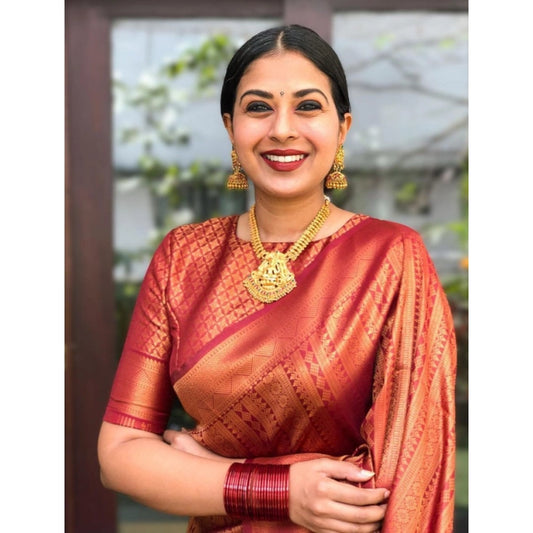 Amfyn Women's Litchi silk Printed Saree With Unstitched Blouse (Red)