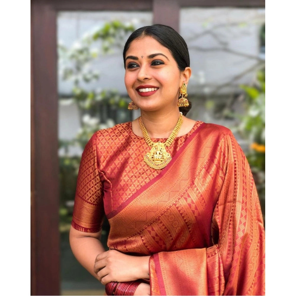 Amfyn Women's Litchi silk Printed Saree With Unstitched Blouse (Red)