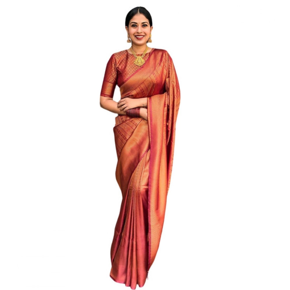 Amfyn Women's Litchi silk Printed Saree With Unstitched Blouse (Red)