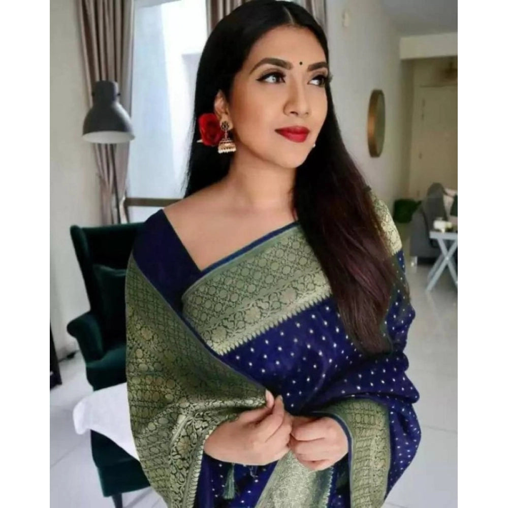 Amfyn Women's Litchi silk Printed Saree With Unstitched Blouse (Blue)