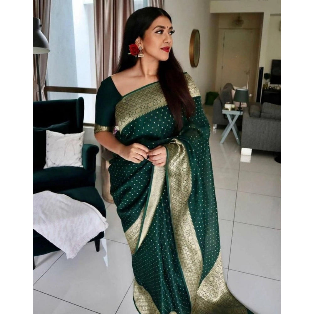 Amfyn Women's Litchi silk Printed Saree With Unstitched Blouse (Green)