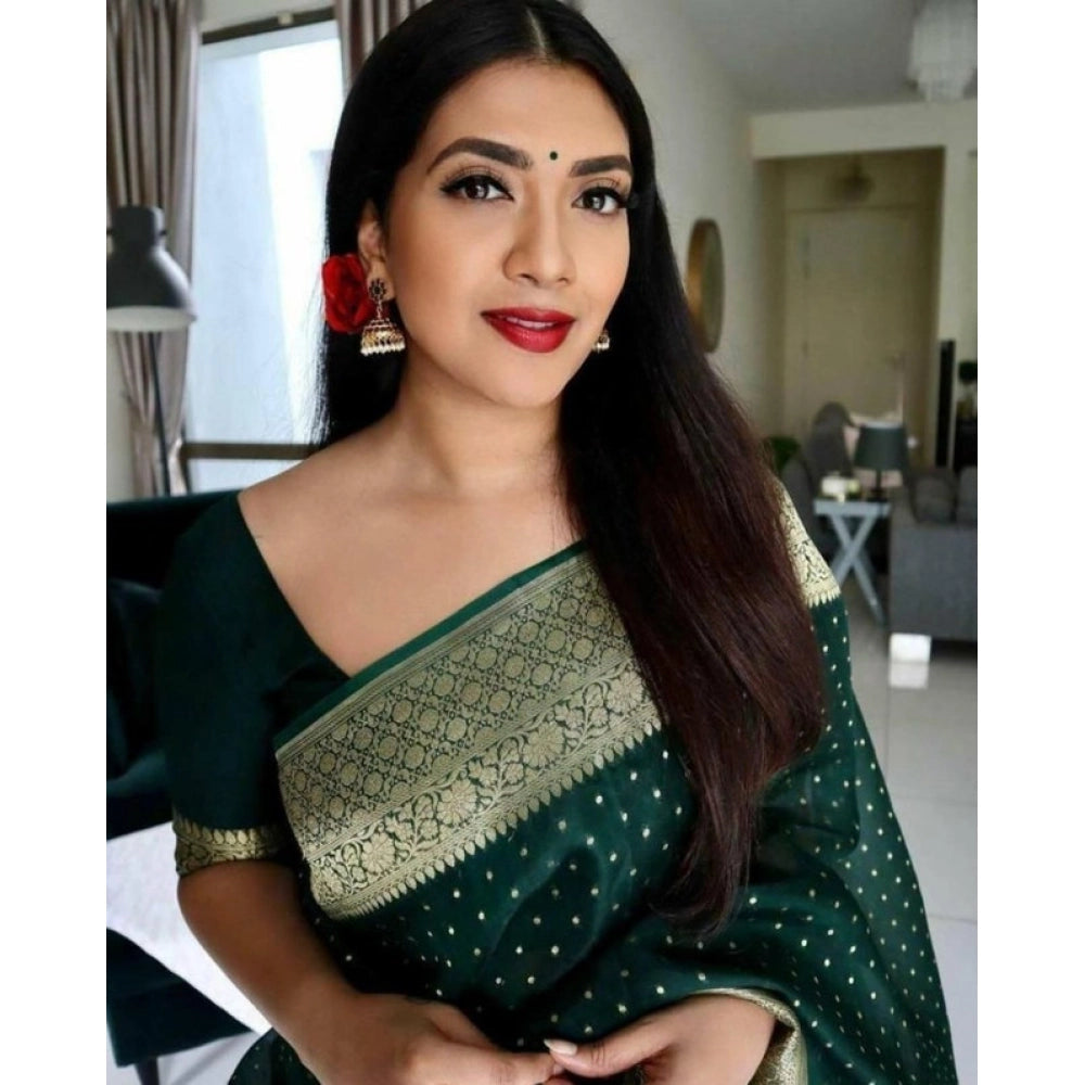 Amfyn Women's Litchi silk Printed Saree With Unstitched Blouse (Green)