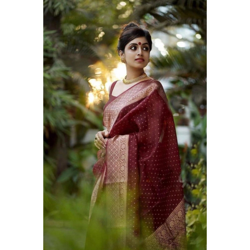 Amfyn Women's Litchi silk Printed Saree With Unstitched Blouse (Maroon)