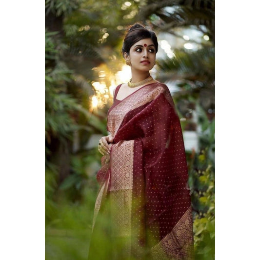 Amfyn Women's Litchi silk Printed Saree With Unstitched Blouse (Maroon)