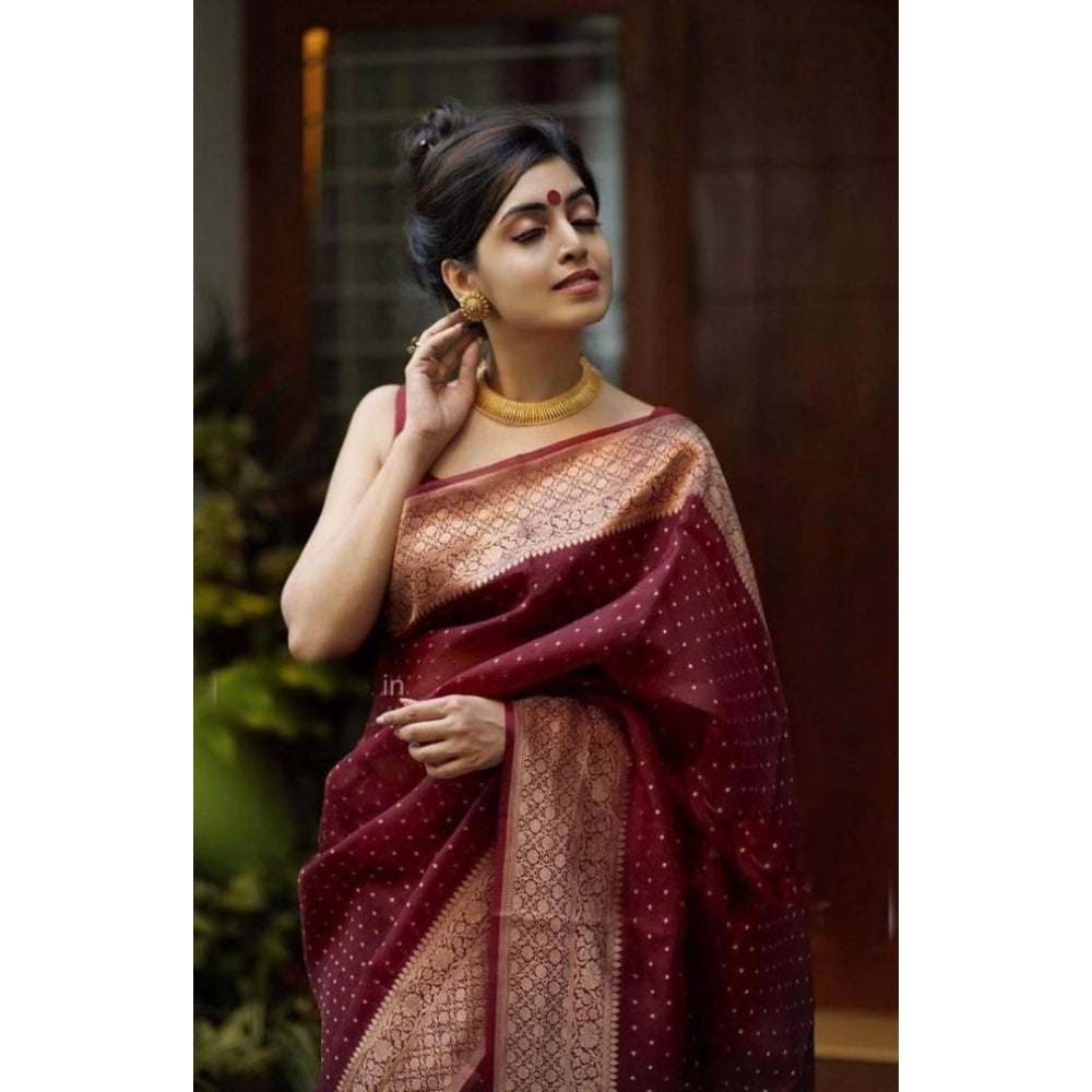 Amfyn Women's Litchi silk Printed Saree With Unstitched Blouse (Maroon)