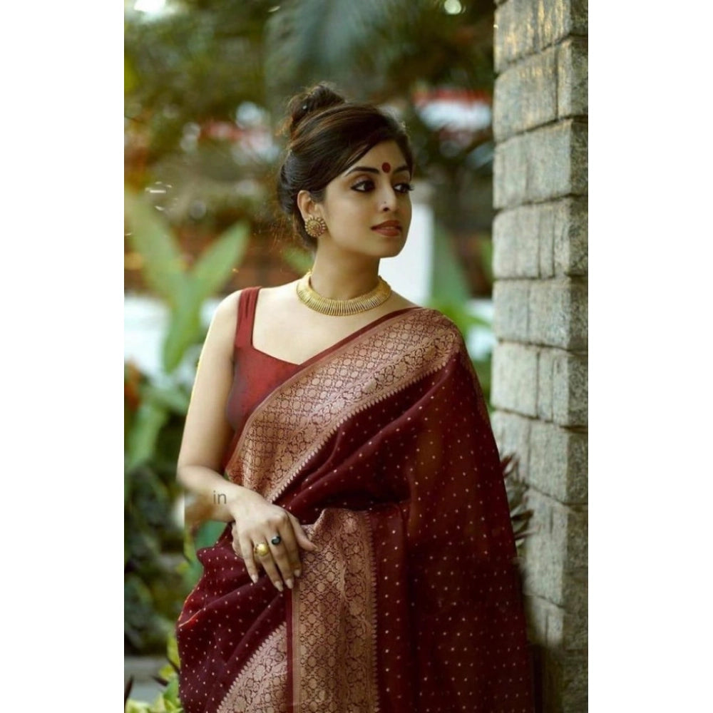 Amfyn Women's Litchi silk Printed Saree With Unstitched Blouse (Maroon)