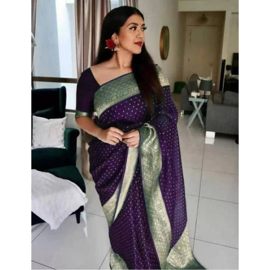 Amfyn Women's Litchi silk Printed Saree With Unstitched Blouse (Purple)