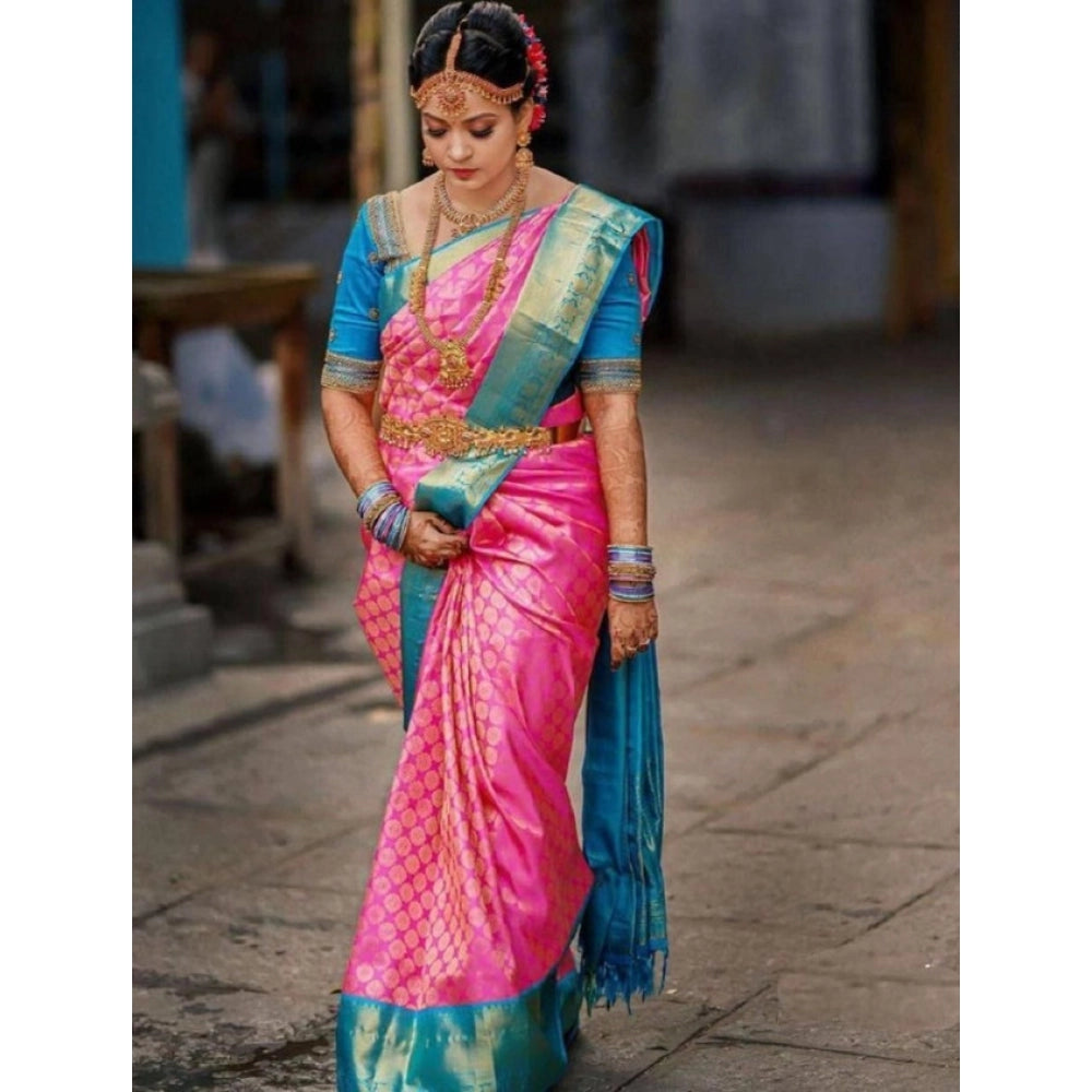 Amfyn Women's Litchi silk Printed Saree With Unstitched Blouse (Pink)
