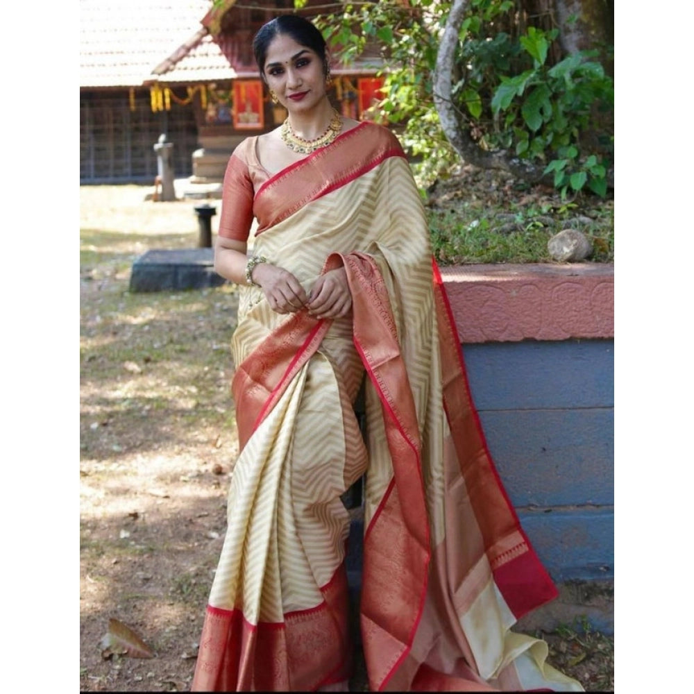 Amfyn Women's Litchi silk Printed Saree With Unstitched Blouse (Beige)