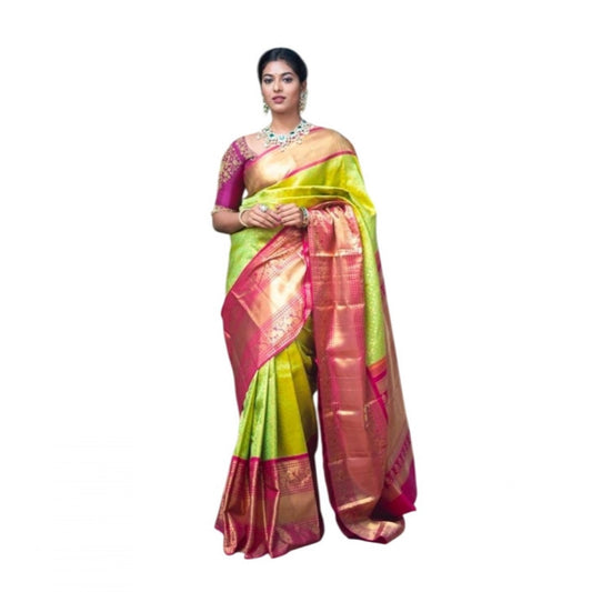 Amfyn Women's Litchi silk Printed Saree With Unstitched Blouse (Green)
