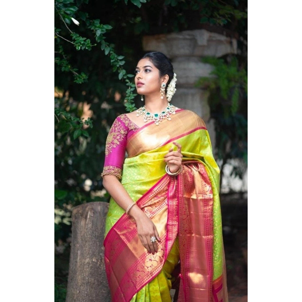 Amfyn Women's Litchi silk Printed Saree With Unstitched Blouse (Green)