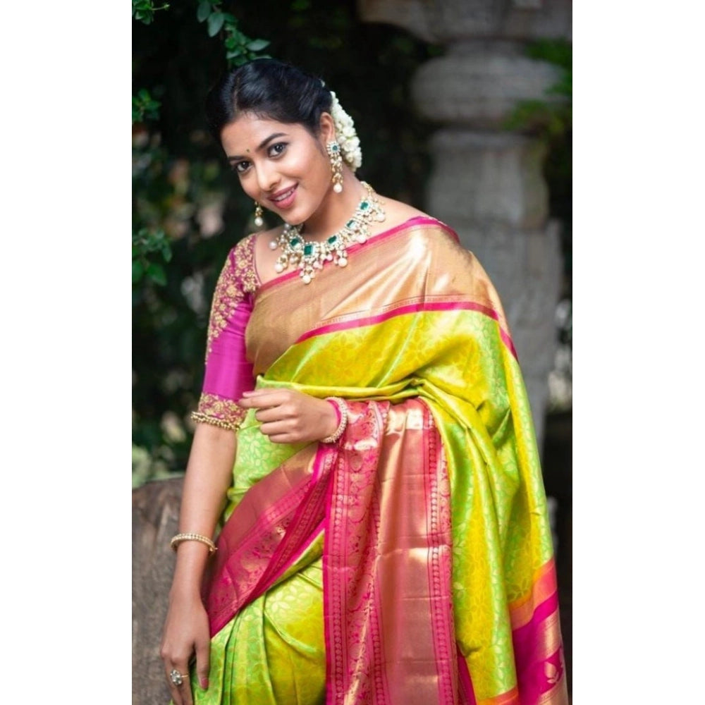Amfyn Women's Litchi silk Printed Saree With Unstitched Blouse (Green)