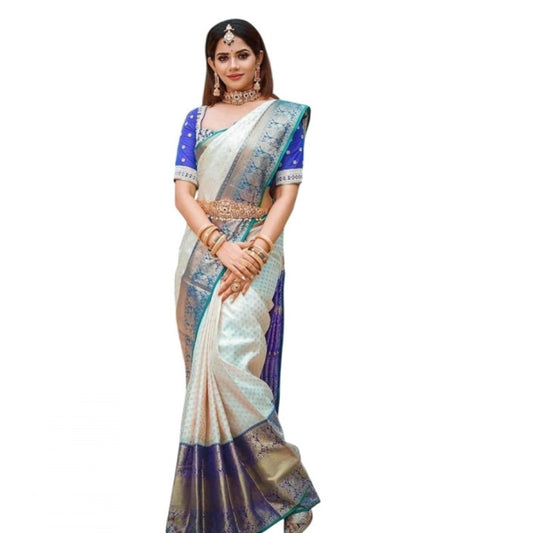 Amfyn Women's Litchi silk Printed Saree With Unstitched Blouse (Off White)