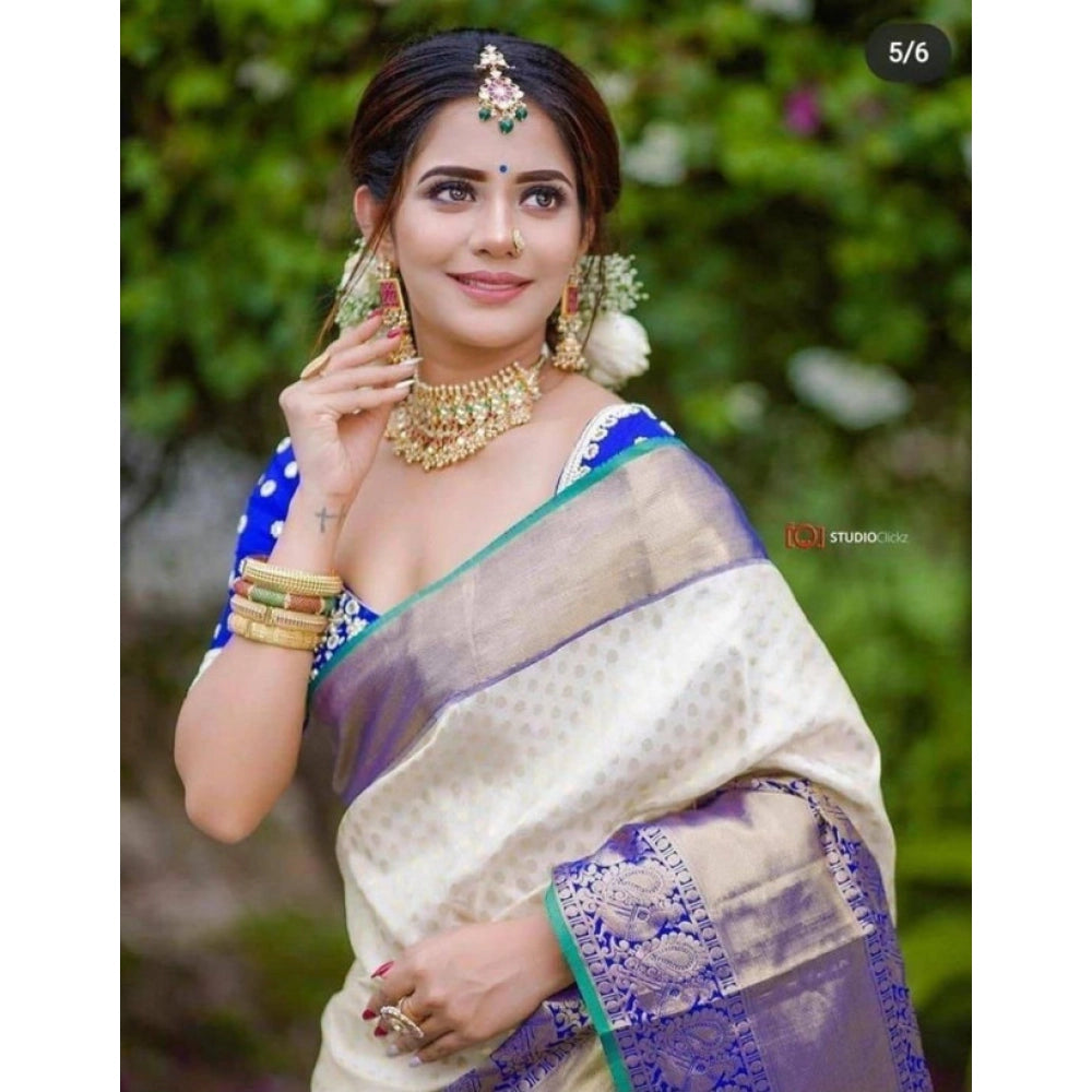 Amfyn Women's Litchi silk Printed Saree With Unstitched Blouse (Off White)