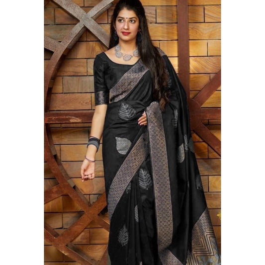 Amfyn Women's Litchi silk Printed Saree With Unstitched Blouse (Black)