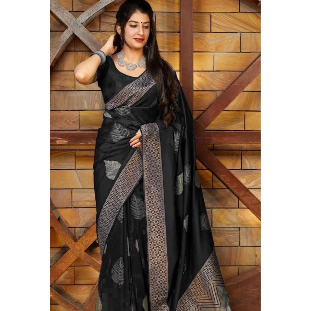 Amfyn Women's Litchi silk Printed Saree With Unstitched Blouse (Black)