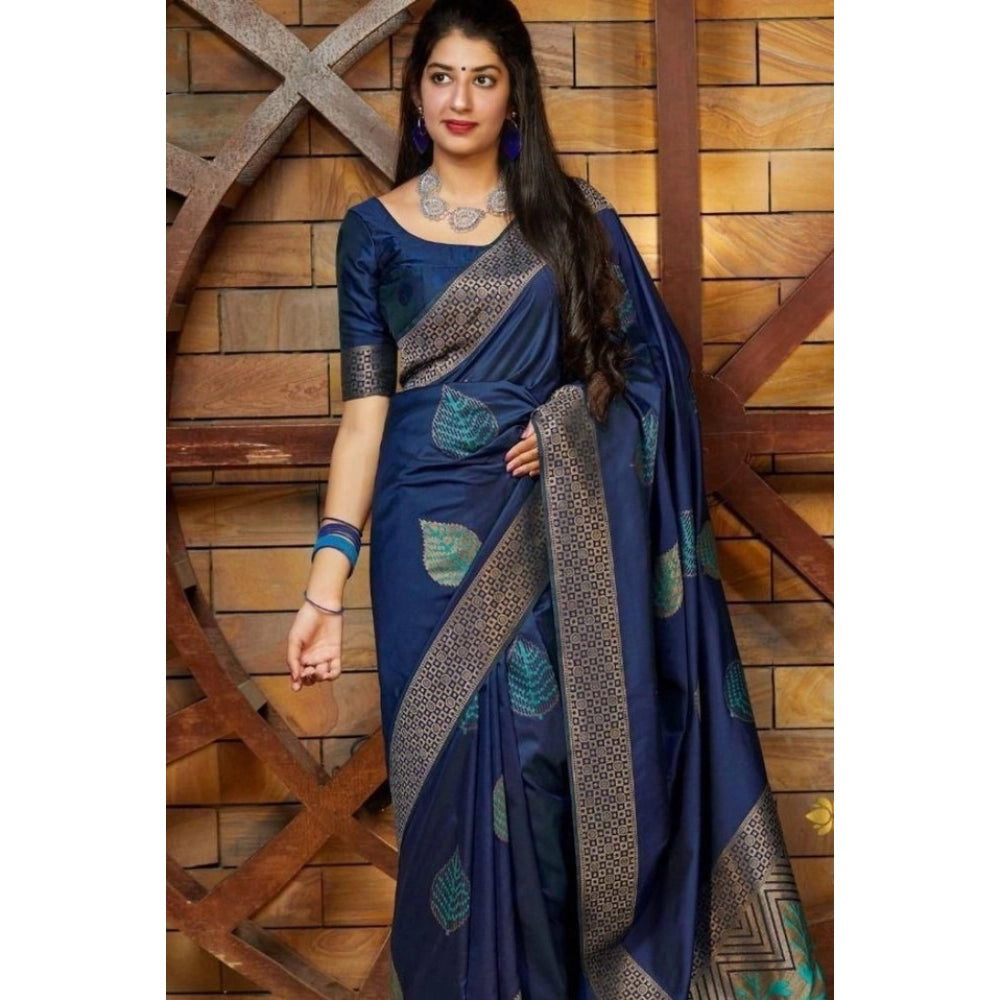 Amfyn Women's Litchi silk Printed Saree With Unstitched Blouse (Blue)