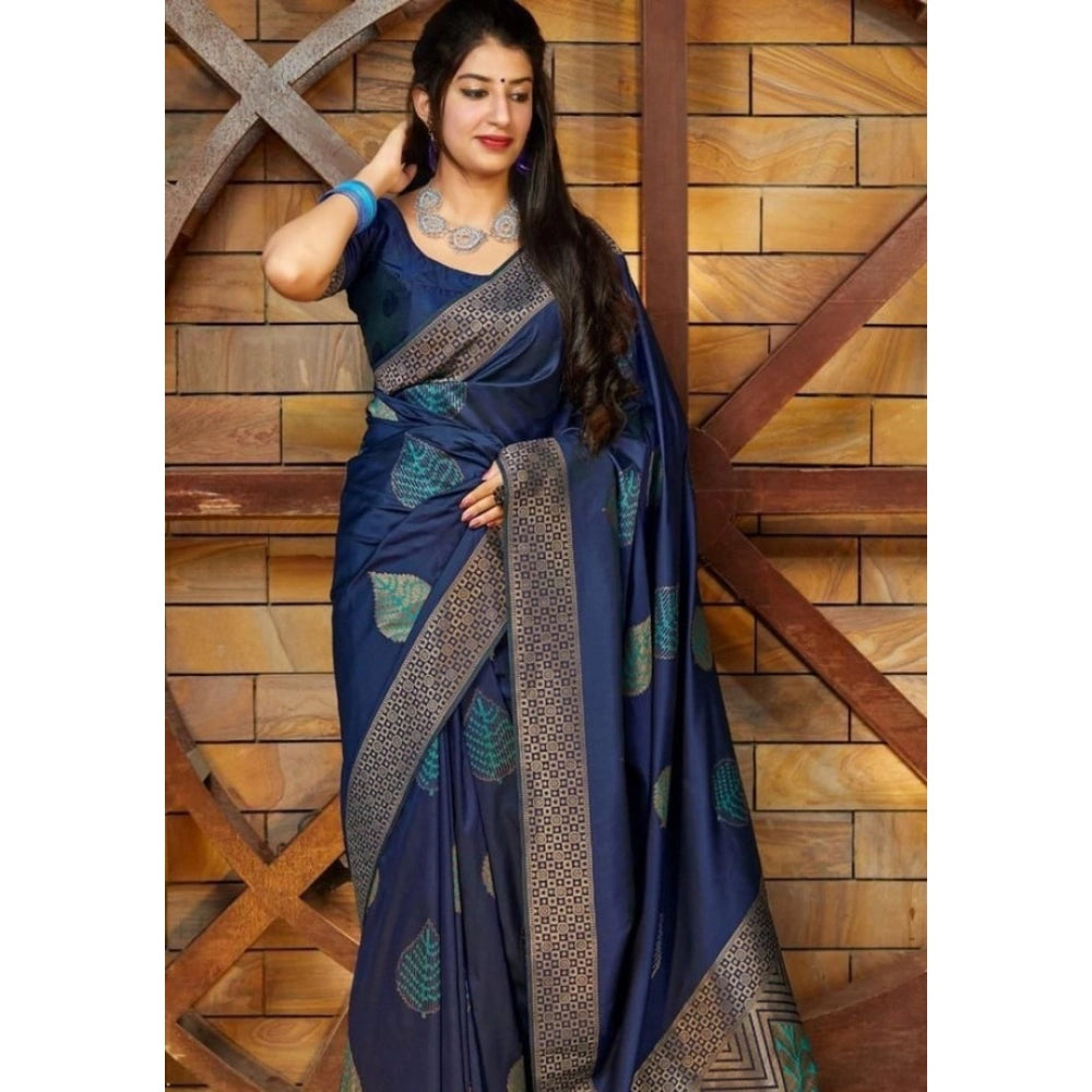 Amfyn Women's Litchi silk Printed Saree With Unstitched Blouse (Blue)