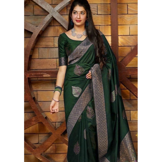 Amfyn Women's Litchi silk Printed Saree With Unstitched Blouse (Green)
