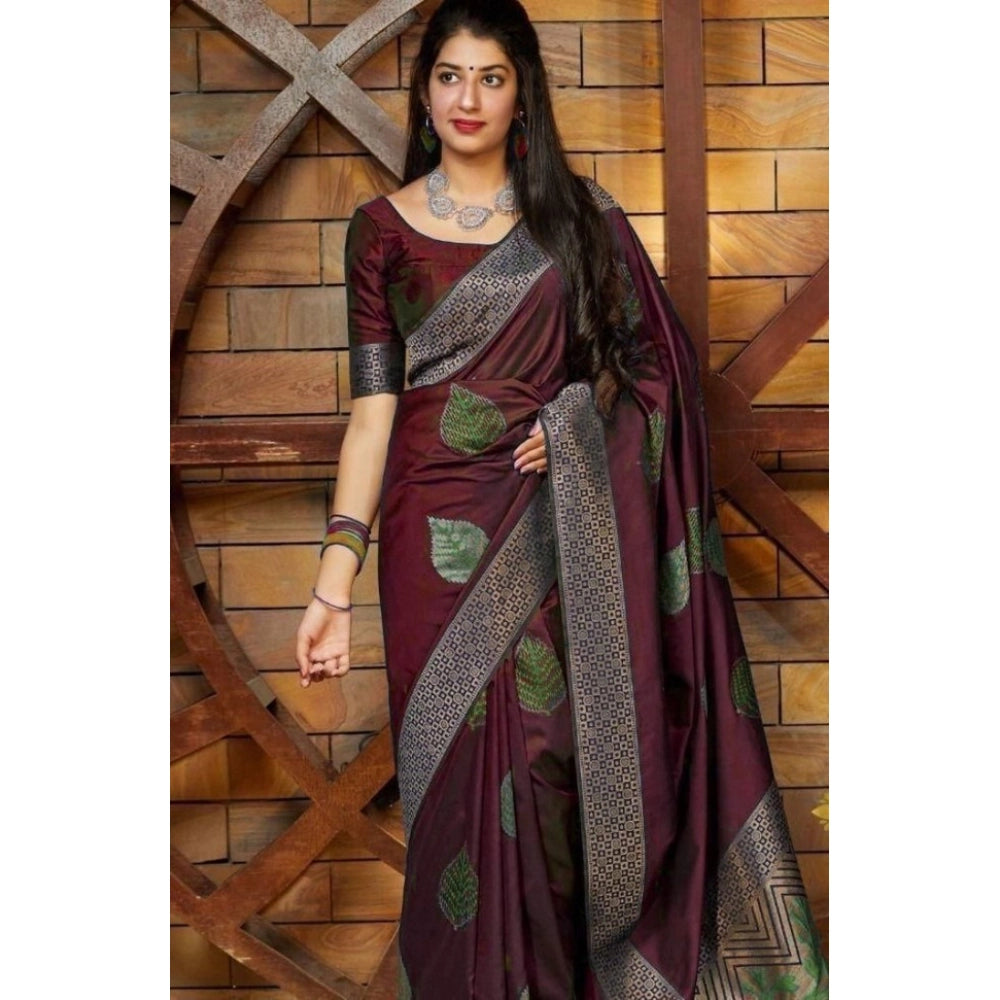 Amfyn Women's Litchi silk Printed Saree With Unstitched Blouse (Maroon)