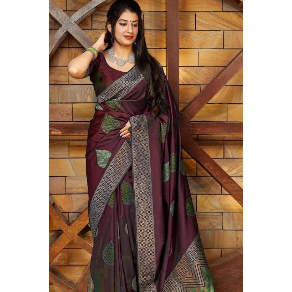 Amfyn Women's Litchi silk Printed Saree With Unstitched Blouse (Maroon)