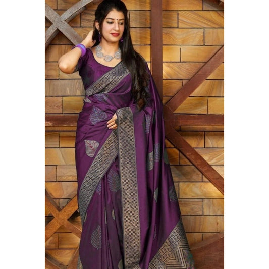 Amfyn Women's Litchi silk Printed Saree With Unstitched Blouse (Purple)