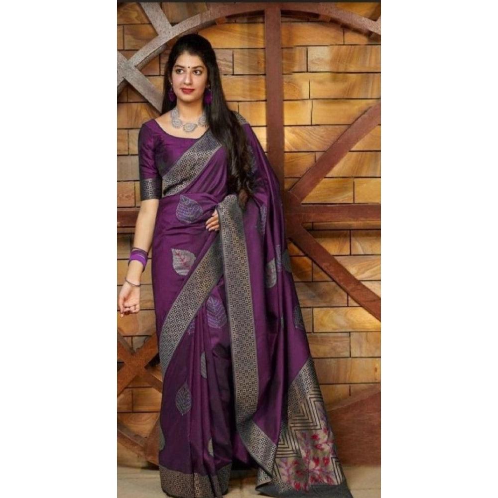 Amfyn Women's Litchi silk Printed Saree With Unstitched Blouse (Purple)
