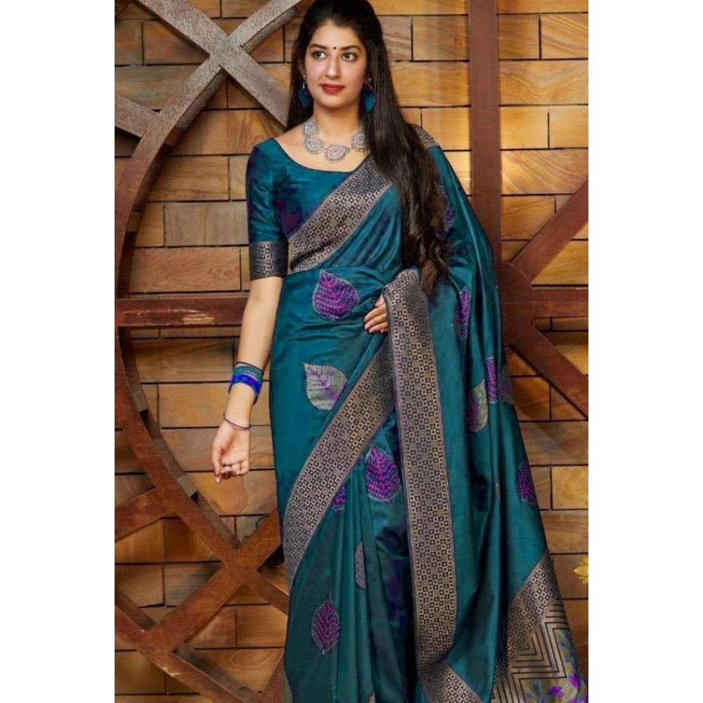Amfyn Women's Litchi silk Printed Saree With Unstitched Blouse (Rama Blue)