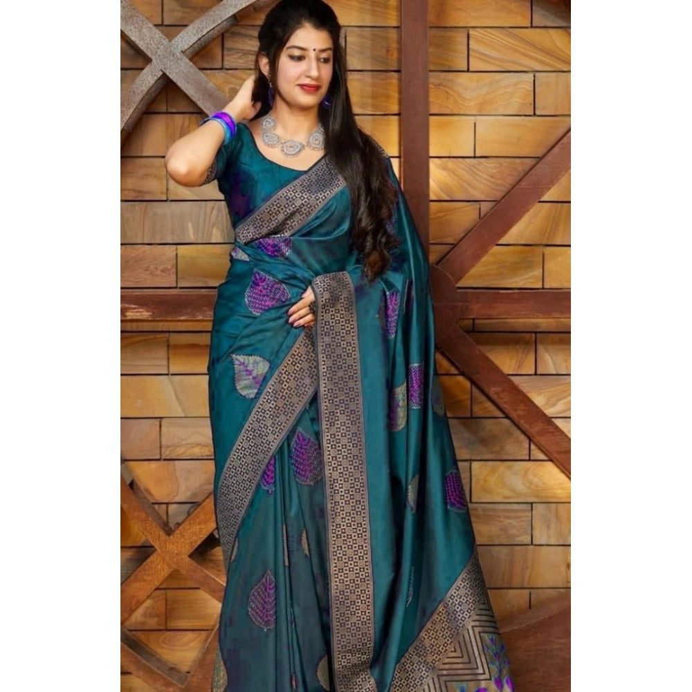 Amfyn Women's Litchi silk Printed Saree With Unstitched Blouse (Rama Blue)