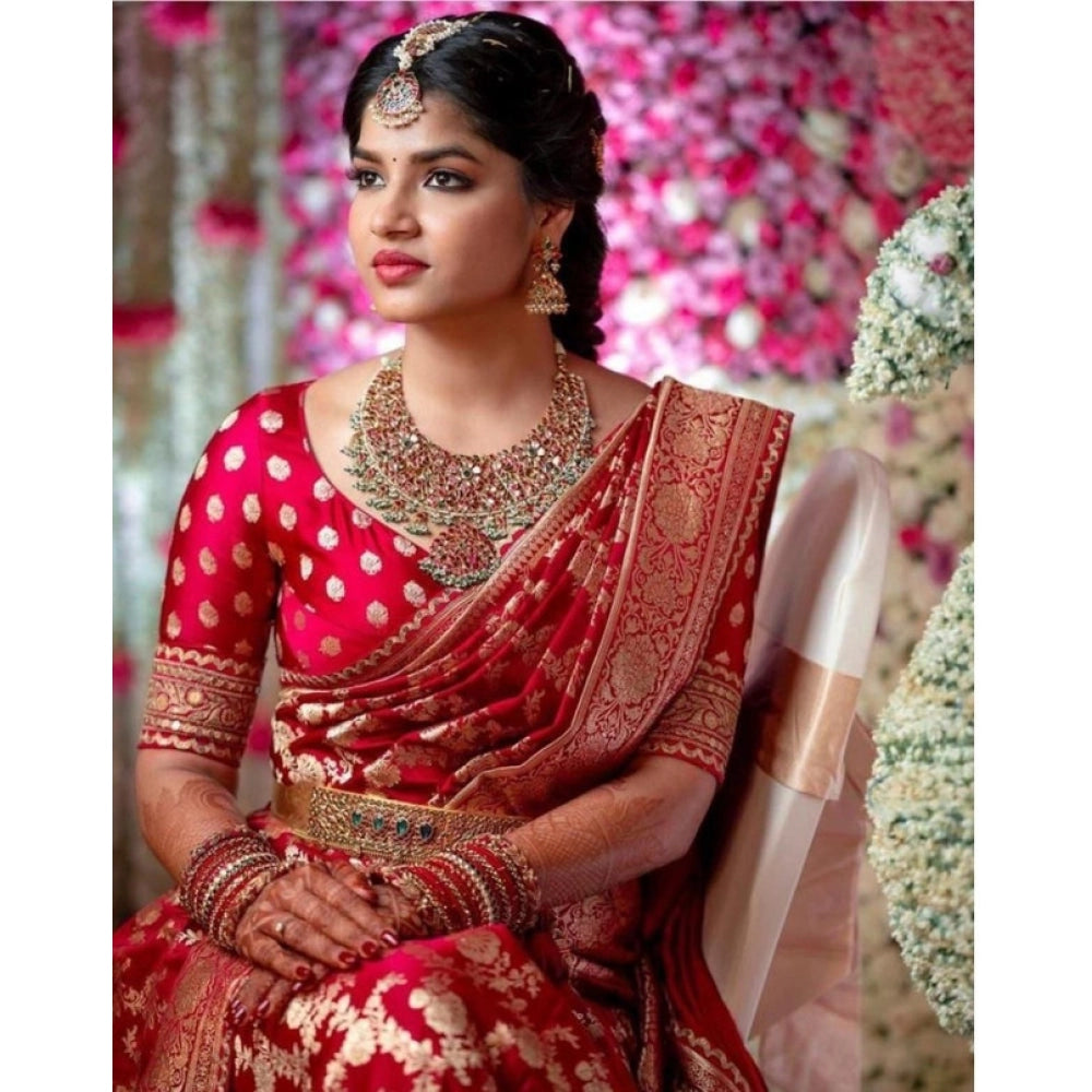 Amfyn Women's Litchi silk Printed Saree With Unstitched Blouse (Red)