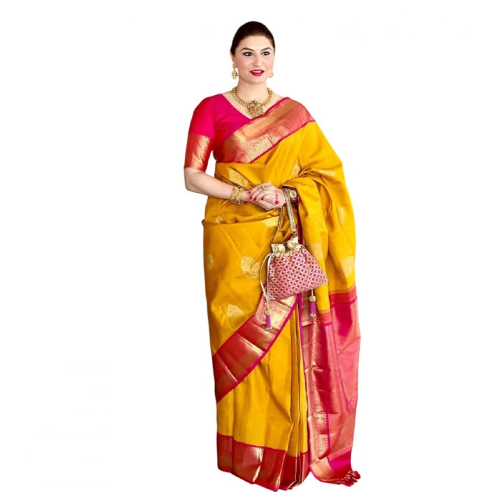 Amfyn Women's Litchi silk Printed Saree With Unstitched Blouse (Yellow)