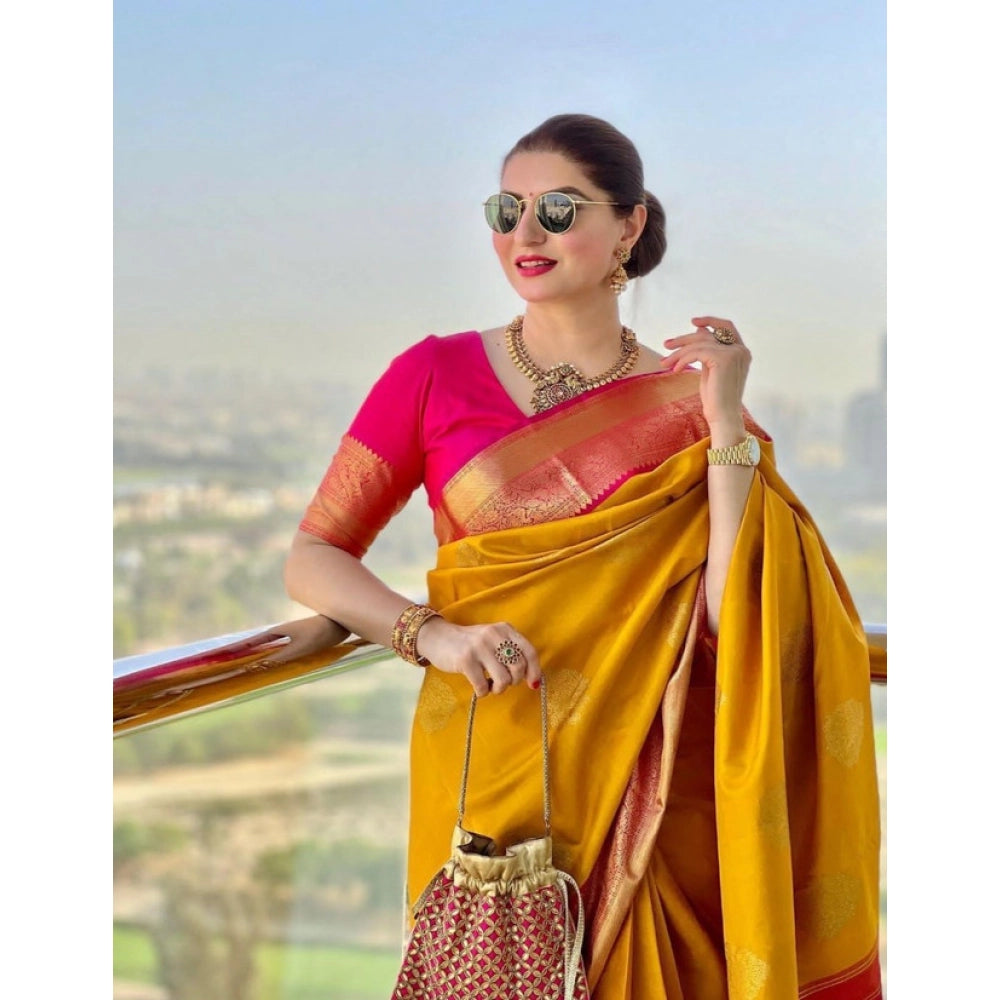 Amfyn Women's Litchi silk Printed Saree With Unstitched Blouse (Yellow)