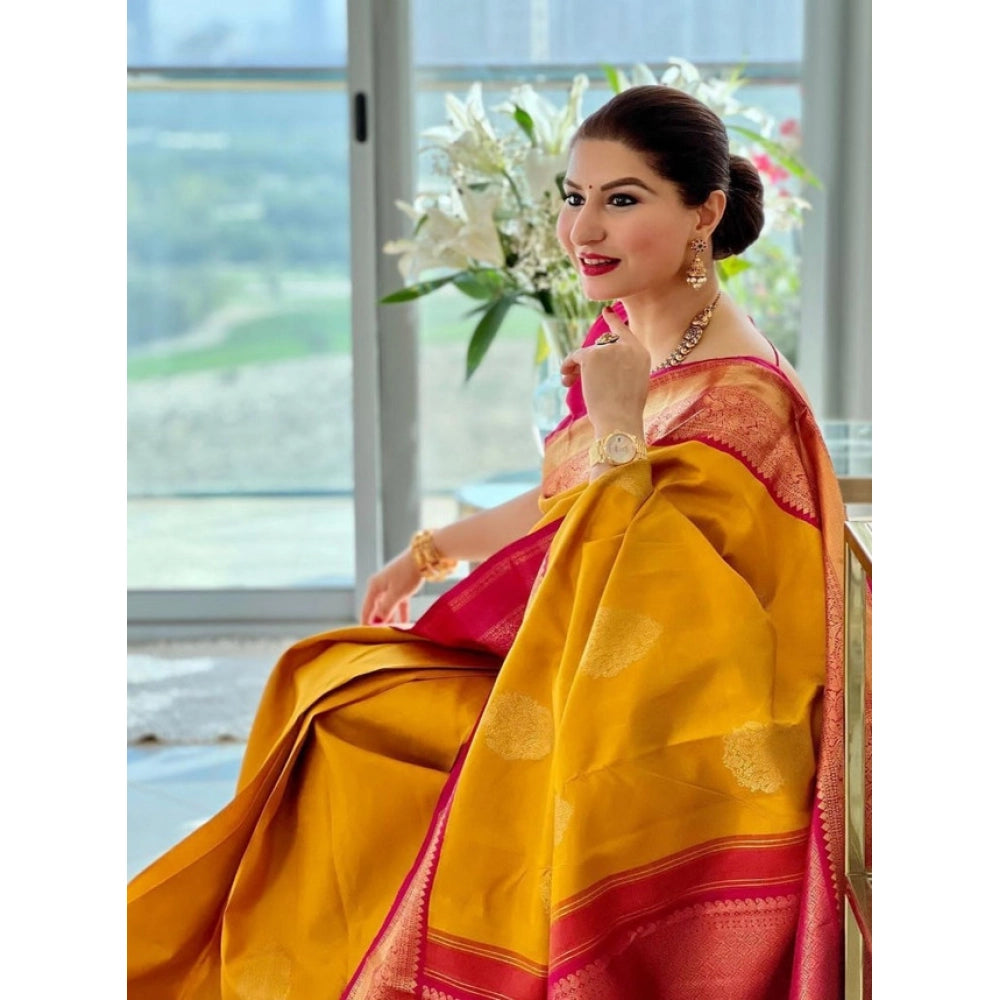 Amfyn Women's Litchi silk Printed Saree With Unstitched Blouse (Yellow)