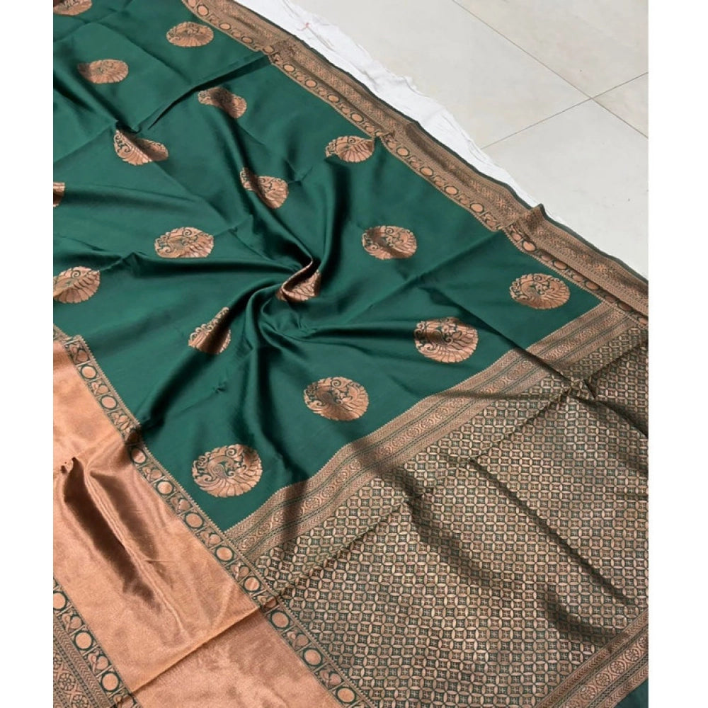 Amfyn Women's Litchi silk Printed Saree With Unstitched Blouse (Green)