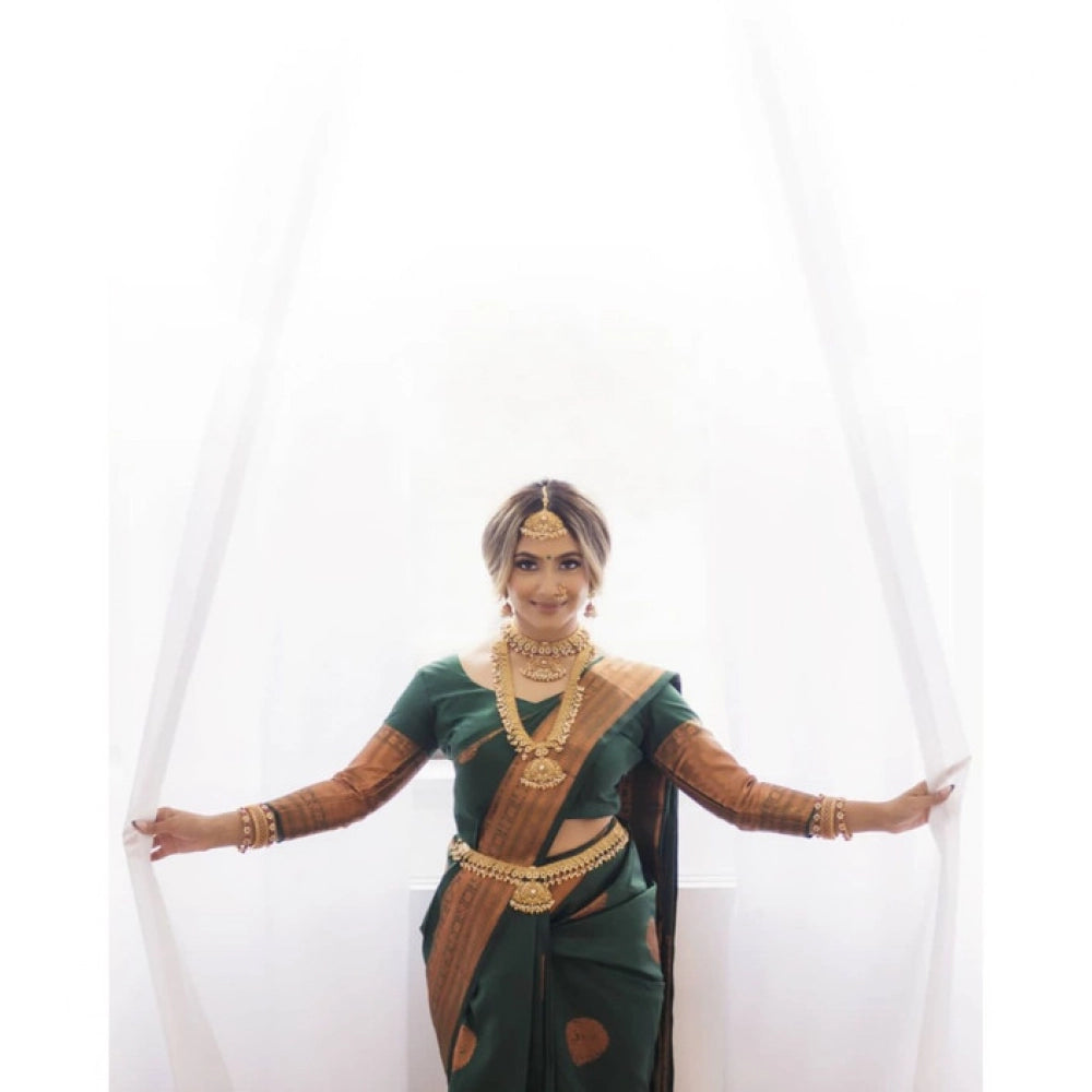 Amfyn Women's Litchi silk Printed Saree With Unstitched Blouse (Green)