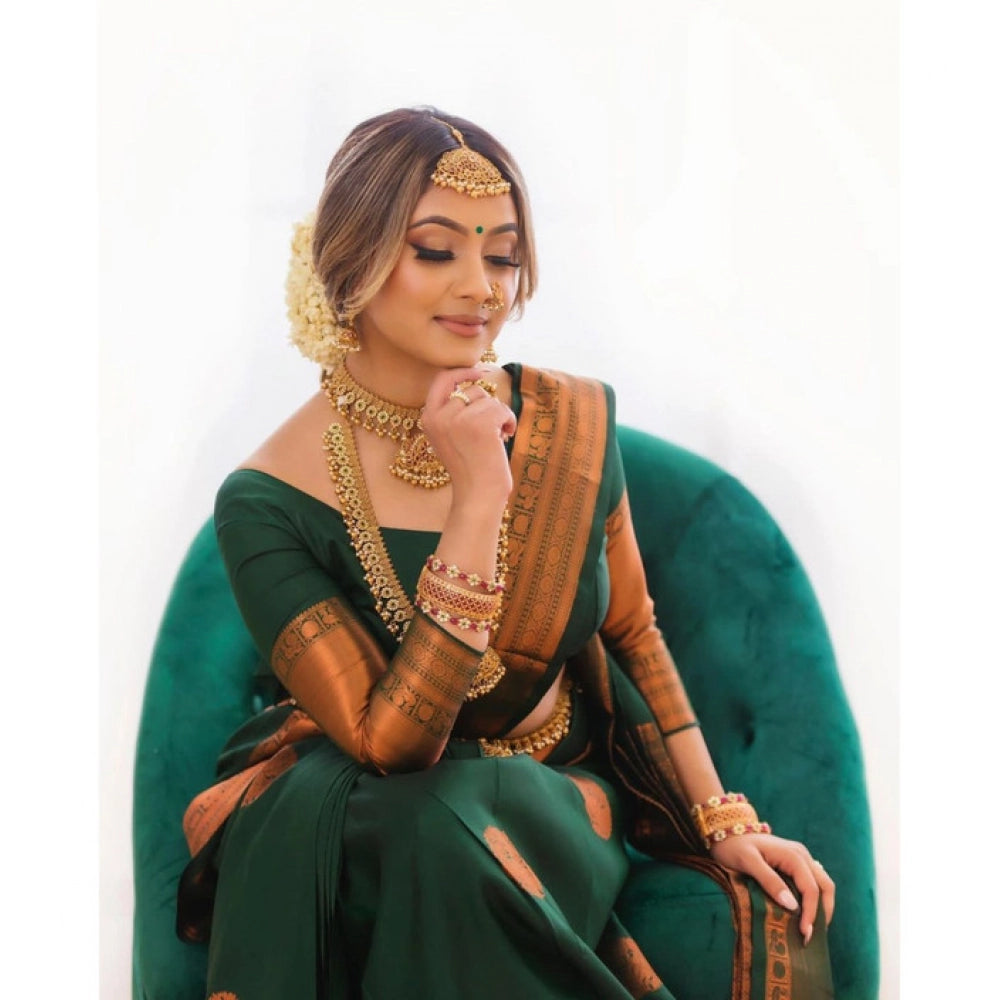 Amfyn Women's Litchi silk Printed Saree With Unstitched Blouse (Green)