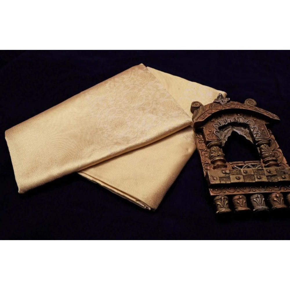 Amfyn Women's Litchi silk Printed Saree With Unstitched Blouse (Gold)