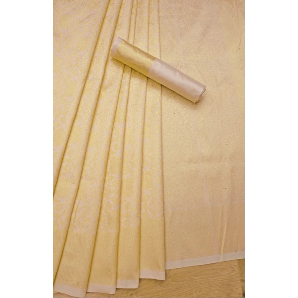 Amfyn Women's Litchi silk Printed Saree With Unstitched Blouse (Gold)