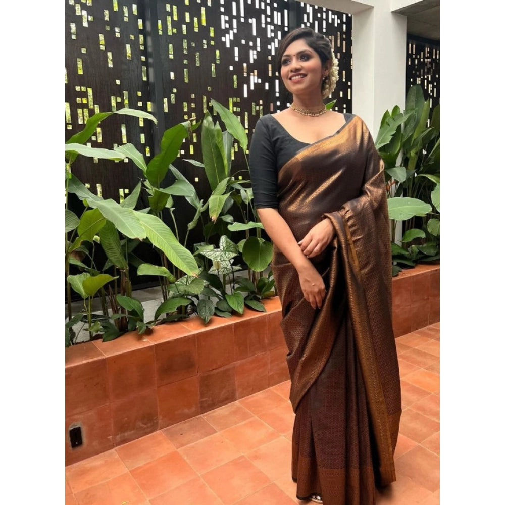 Amfyn Women's Litchi silk Printed Saree With Unstitched Blouse (Gold)