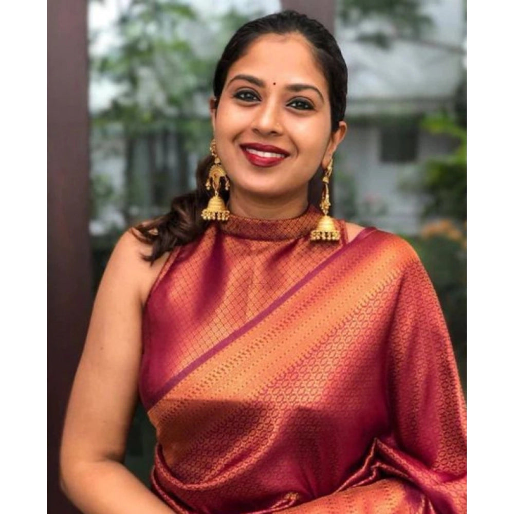 Amfyn Women's Litchi silk Printed Saree With Unstitched Blouse (Red)