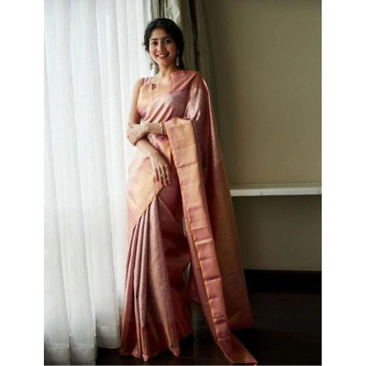 Amfyn Women's Litchi silk Printed Saree With Unstitched Blouse (Light Pink)