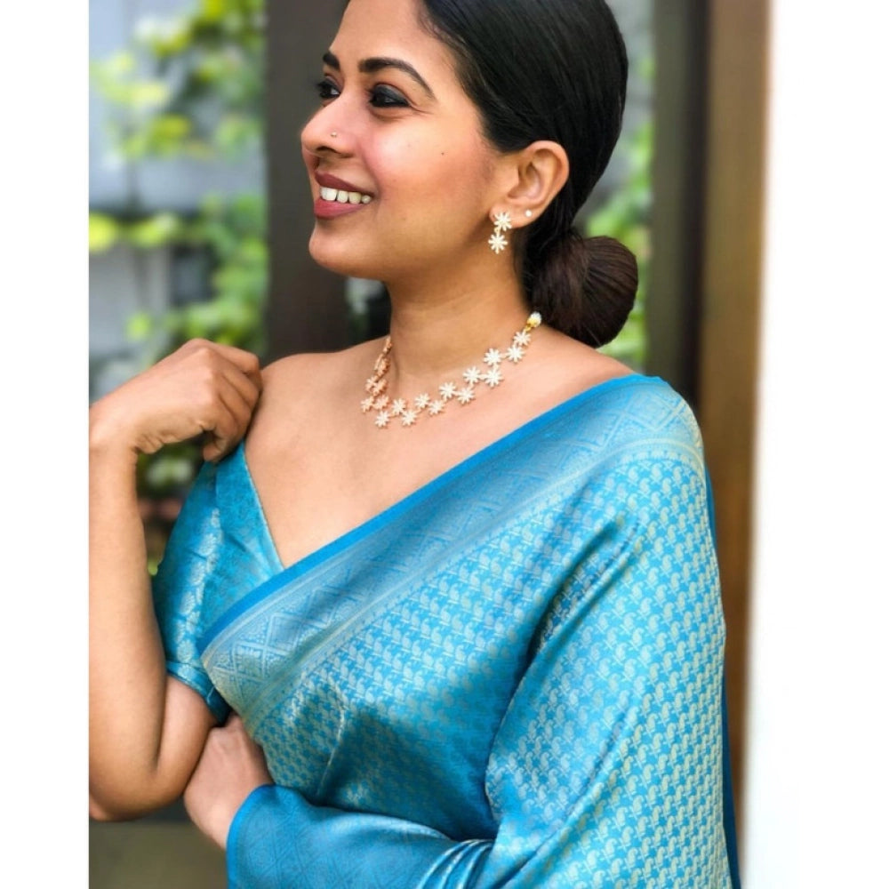 Amfyn Women's Litchi silk Printed Saree With Unstitched Blouse (Sky Blue)